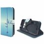  Handyh�lle Tasche + 1 Panzer Schutz Glas f�r Case Handy Samsung Galaxy J1 (2016) Case Schriftzug Be Happy Blau