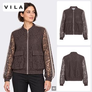 Bomberjacke Florale Spitze Baseballkragen Pattentaschen