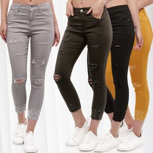 Damen Denim Jeans Hose Stretch Rhrenjeans Skinny Treggings Destroyed Risse