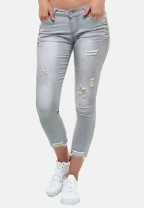 Damen Skinny Denim Jeans Hosen mit Strass und cropped destroyed Design