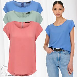 Einfarbige Kurzarm Bluse Basic Rundhals Blusen Shirt Oberteil ONLVIC