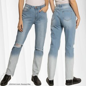 Damen Destroyed Mom Jeans High Waist Straight Boyfriend Denim Hose Farbverlauf Bleached Used Design