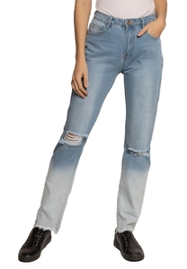 Destroyed Mom Jeans High Waist Straight Denim Hose Farbverlauf Bleached