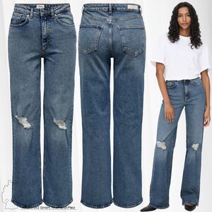 ONLY Damen Straight Leg Denim Jeans High Waist Gerade Weite Schlag Hose Wide Destroyed Pants ONLJUICY