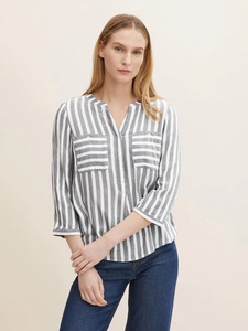 TOM TAILOR Damen Gestreifte 3/4 Arm Bluse V-Ausschnitt Business Tunika Top Shirt Oberteil mit Taschen