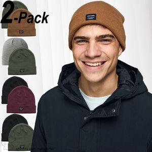 Herren JACK & JONES Gerippte Strickmtze 2-er Stck Pack Kopfbedeckung Beanie Hipster Cuff Set JACDNA