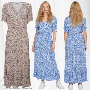 ONLY Damen Langes Gemustertes Kleid mit Puffrmel V-Ausschnitt Maxi Dress aus Viskose ONLCHIANTI