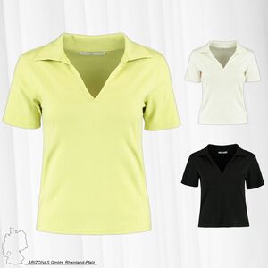 HAILYS Damen Geripptes Poloshirt Einfarbige Bluse Kurzarm T-Shirt V-Ausschnitt Shortsleeve Top Vicky