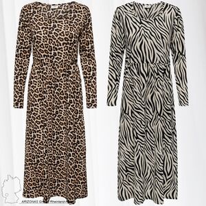 JDY Damen Langes JDYLOTUS Maxi Langarm direkt Kleider Midi Kleid bestellen Print Shirt Dress Leo | Zebra Animal Gemustertes
