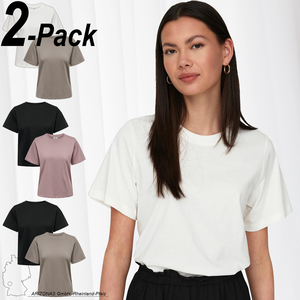 JDY Einfarbiges Stretch T-Shirt 2-er Pack Basic Rundhals Top Baumwolle Oberteil Set VMPAULA