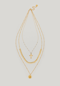 Damen 3-Fache Halskette mit Kreuz Anhnger Edelstahl Plttchen Coin Medaillon Necklace