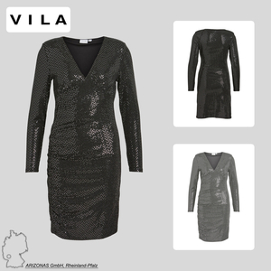 VILA Mini Glitzer Kleid mit V-Ausschnitt Langarm Pailletten Dress Glamour Abend Party VIOLENE