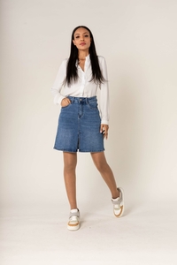 Damen Stretch Denim Mini Rock Jeansrock mit Schlitz Knie Lang Elegant 5-Pocket Casual Skirt 