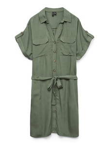 Gestreiftes Kurzarm-Hemd-Kleid mit Taillenbindung