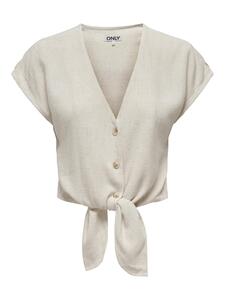 Leinenoptik Kurzarm Bluse mit Knopfleiste und Knoten