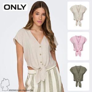 Leinenoptik Kurzarm Bluse mit Knopfleiste und Knoten