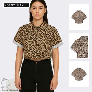 Cropped Top Bluse mit Leo Print und Kent Kragen