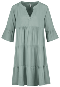 Kleid mit V-Ausschnitt und R�schensaum, Dreiviertelarm