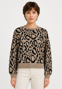 Leopardenmuster Strickpullover Rundhalsausschnitt