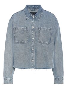 Jeansbluse Hemdkragen Brusttaschen Knopfleiste Fransenbund