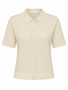 Kurzarm Cardigan Einfarbig Strickstruktur Polokragen
