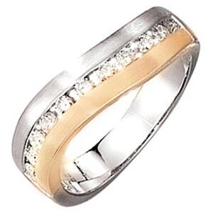 Damen Ring 585 Weißgold Gelbgold bicolor matt 11 Diamanten Größe 56