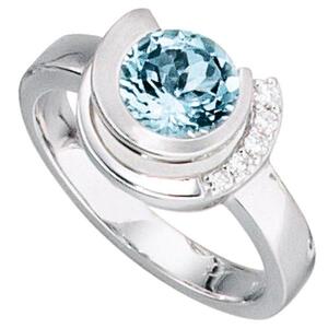 Damen Ring 585 Weigold 1 Aquamarin blau 5 Diamanten (Gre: 60)