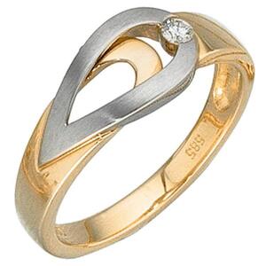 Damen Ring 585 Gelbgold Wei�gold, bicolor matt, 1 Diamant Brillant (Gr��e: 58)