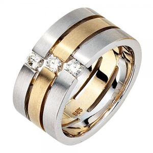 Damen Ring 3-reihig breit 585 Wei�gold Gelbgold bicolor matt 3 Diamanten (Gr��e: 58)