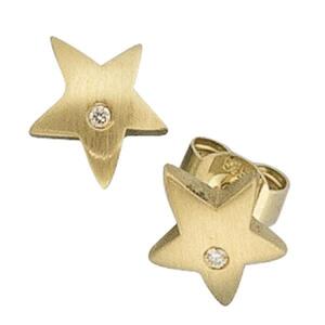 Ohrstecker Stern 585 Gelbgold matt 2 Diamanten Brillanten Ohrringe