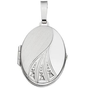 Medaillon oval aus 585 Weigold mattiert 3 Diamanten