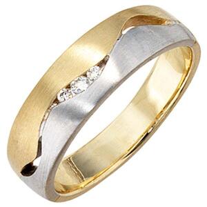 Damen Ring 585 Gelbgold Weißgold bicolor matt 3 Diamanten Größe 54