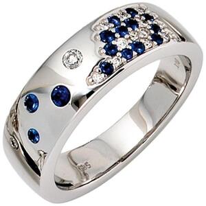 Damen Ring 585 Wei�gold Diamanten  0,10ct. 15 Safire blau (Gr��e: 50)