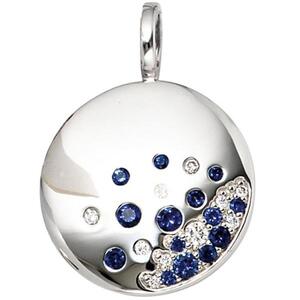 Anh�nger rund 585 Wei�gold 10 Diamanten 0,10 ct. 14 blaue Safire