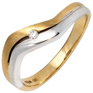 Damen Ring 585 Gelbgold Weißgold bicolor matt 1 Diamant Brillant Größe 52