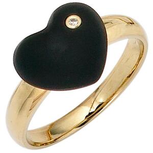 Damen Ring Herz 585 Gold Gelbgold 1 Onyx schwarz 1 Diamant Brillant (Gre: 56)