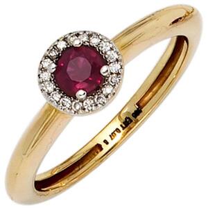 Damen Ring 585 Gelbgold Rubin rot 18 Diamanten (Gre: 56)