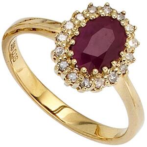 Damen Ring 585 Gold Gelbgold, 1 Rubin rot 16 Diamanten 0,16ct. (Gr��e: 52)