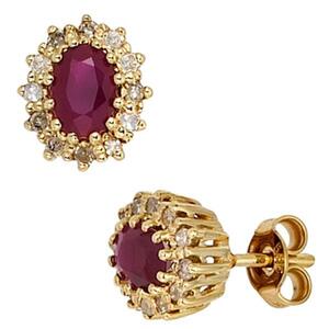 Ohrstecker 585 Gold Gelbgold 24 Diamanten 0,24 ct. 2 Rubine rot