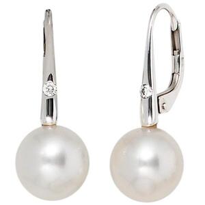 Boutons 585 Wei�gold 2 S��wasserperlen Perlen 2 Diamanten Ohrh�nger