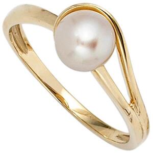 Damen Ring 585 Gold Gelbgold 1 Perle, Goldring Perlenring (Gre: 60)