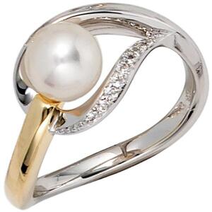 Damen Ring 585 Weigold Gelbgold bicolor  Perle Diamanten (Gre: 50)
