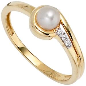 Damen Ring 333 Gelbgold 1 Perle 3 Zirkonia Goldring (Gr��e: 60)