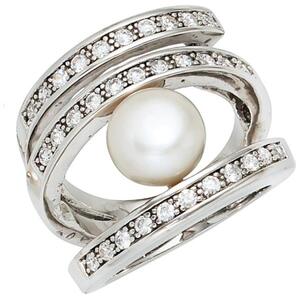 Damen Ring breit 925 Silber rhodiniert mit 1 Perle 31 Zirkonia (Gre: 64)