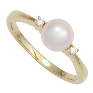 Damen Ring 585 Gelbgold, 1 Perle , 2 Diamanten Brillanten (Gre: 52)