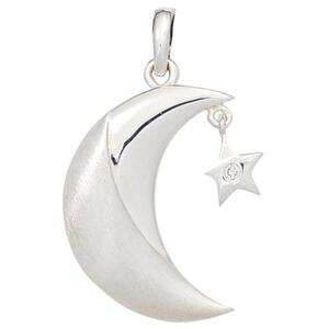 Anh�nger Mond 925 Sterling Silber rhodiniert teilmattiert 1 Zirkonia