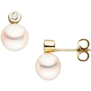 Ohrstecker 333 Gold Gelbgold 2 S��wasser Perlen 2 Zirkonia Ohrringe