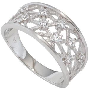 Damen Ring breit 333 Gold Wei�gold teil matt 9 Zirkonia Goldring (Gr��e: 50)