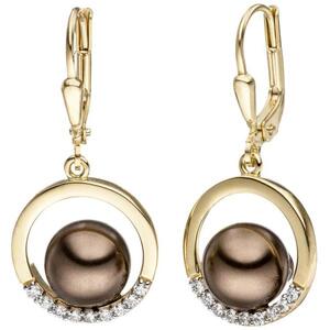 Ohrh�nger 333 Gold Gelbgold bicolor mit dunklen Perlen und Zirkonia Ohrringe