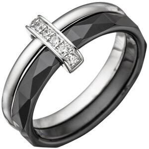 Damen Ring 925 Silber mit Zirkonia und Keramik schwarz Keramikring (Gr��e: 62)